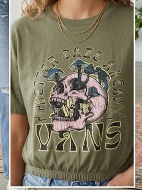 Vans Olive Green Graphic Tee with Pink Skull & Blue Mushroom Art